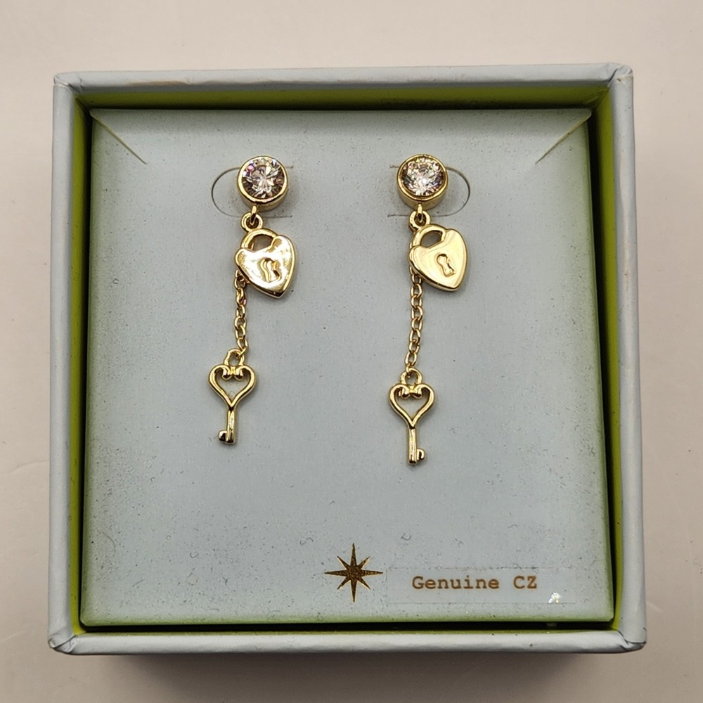 New Covet Gold Tone Genuine CZ Heart Lock And Key Dangle Stud Earrings Nordstrom